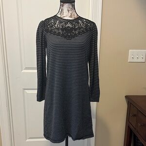 LOFT Black and Gray Striped Lace Dress